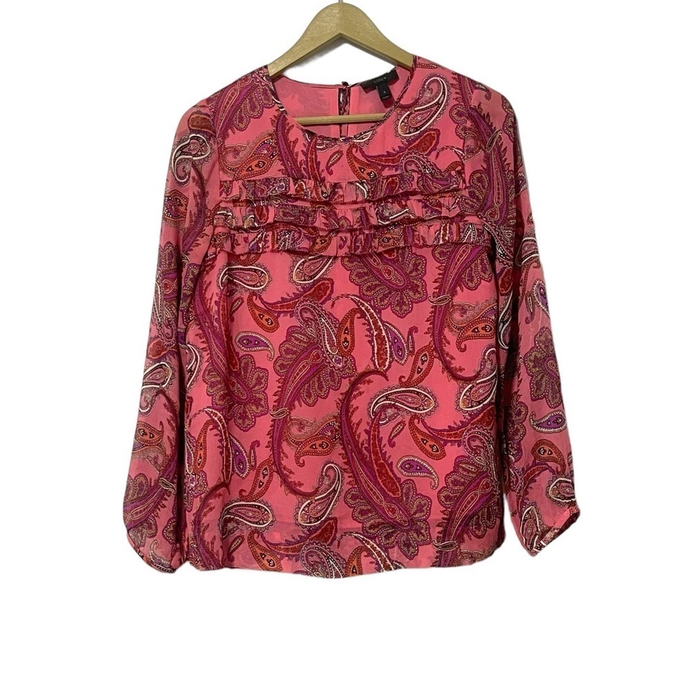 J. Crew Silk Pink Paisley Print Long Sleeve Shirt Size 2 Preppy Business Office‎